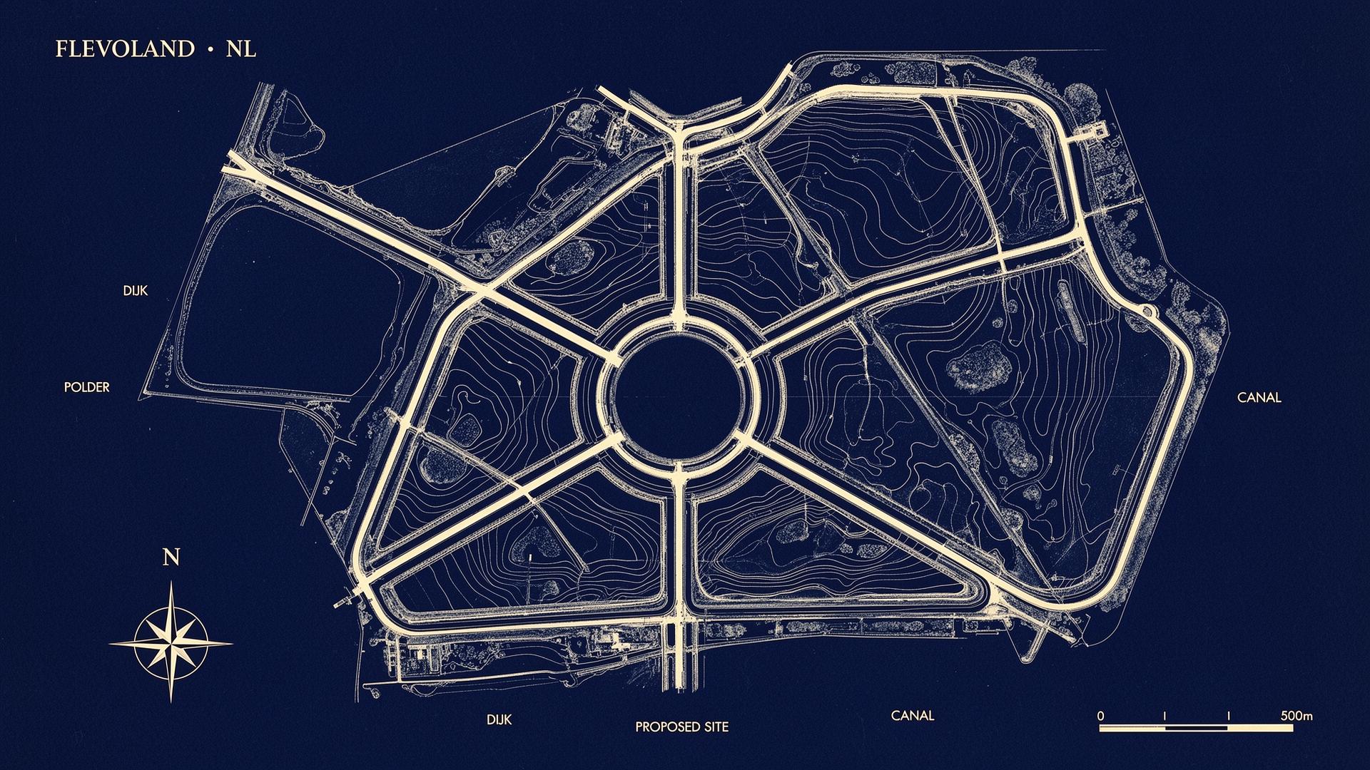 Site plan of the Flevoland polder landscape, showing dikes, canals and the proposed circular sanctuary footprint at the centre