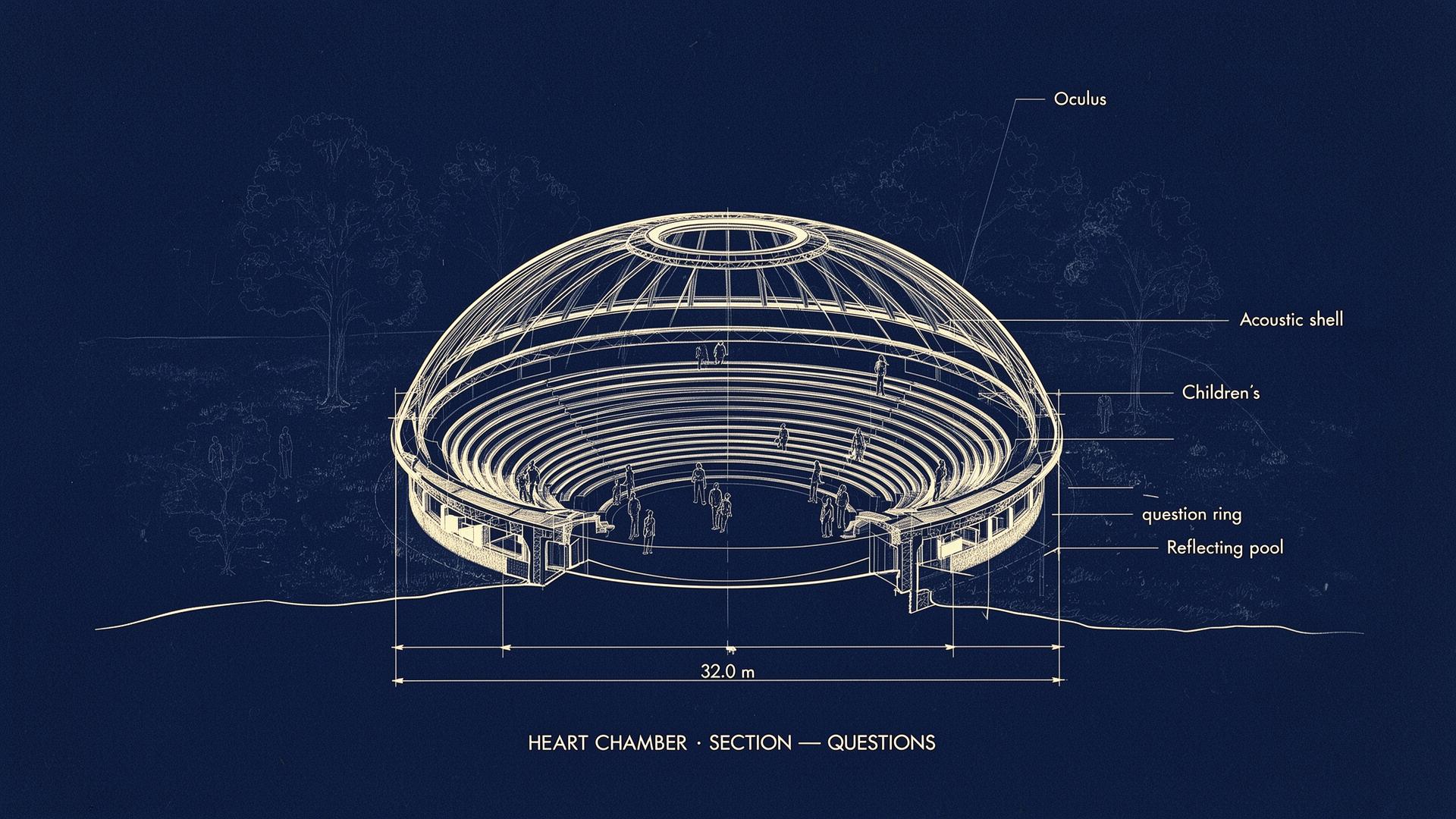 Cross-section of the Heart Chamber of Questions, a circular dome with oculus, terraced seating and central reflecting pool, 32 metres across