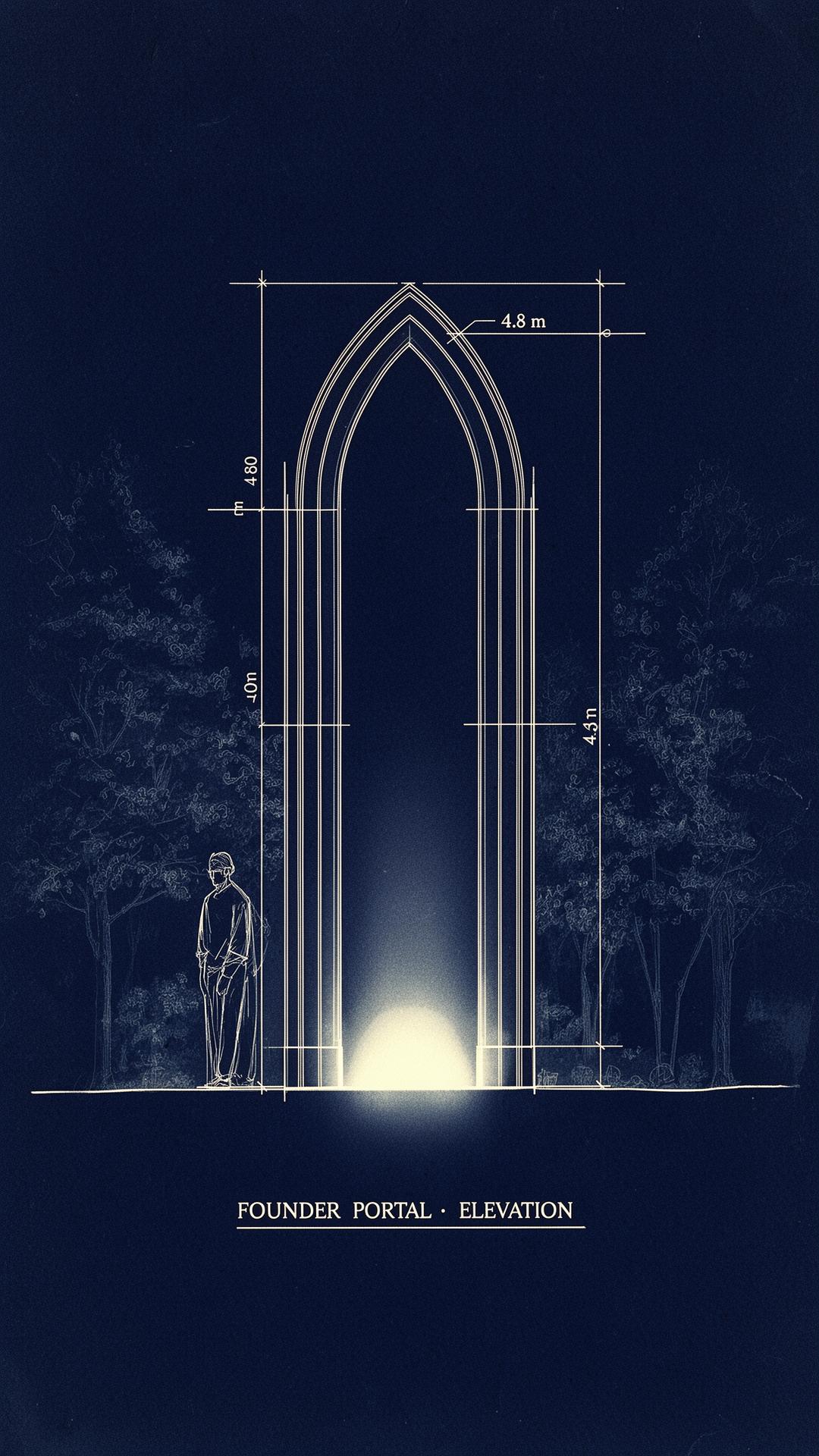 Elevation drawing of a single founder portal — a slender 4.8 metre arch with a glowing light source at its base, with a human figure for scale